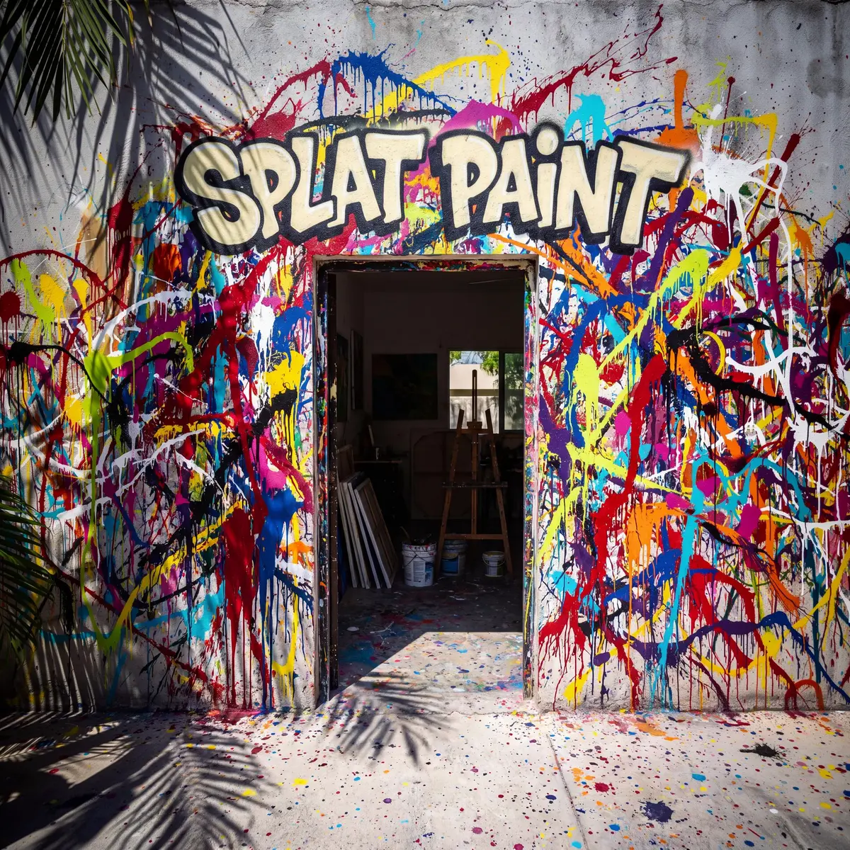 A wall in Tulum covered in thrown paint, with an open doorway into the workshop